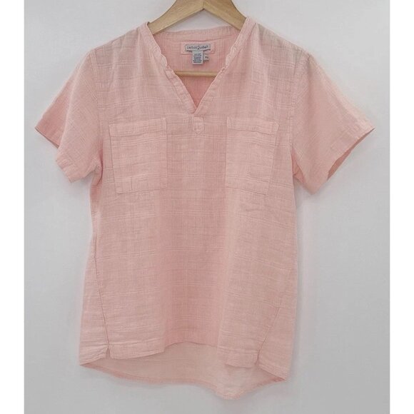 Carbon 2 Cobalt Baby Pink Linen Cotton Blend Blouse Size XS Coastal Preppy Boho - Picture 1 of 8
